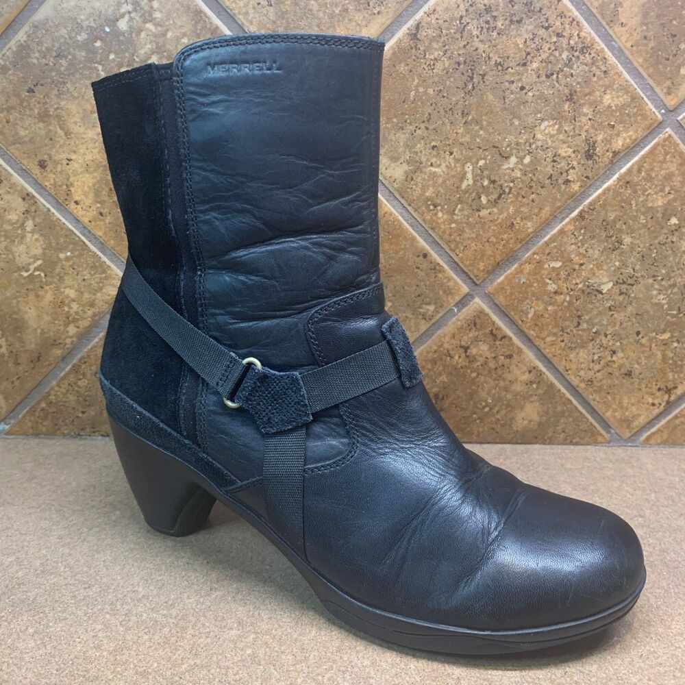 Merrell Black Women's Ankle Boots SZ US 10.5 Heel Performance Buckle Mid Calf